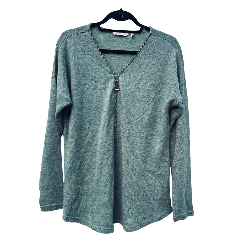 Soft Surroundings Womens Sweater Large Green Zip VNeck Long Sleeve Lightweight